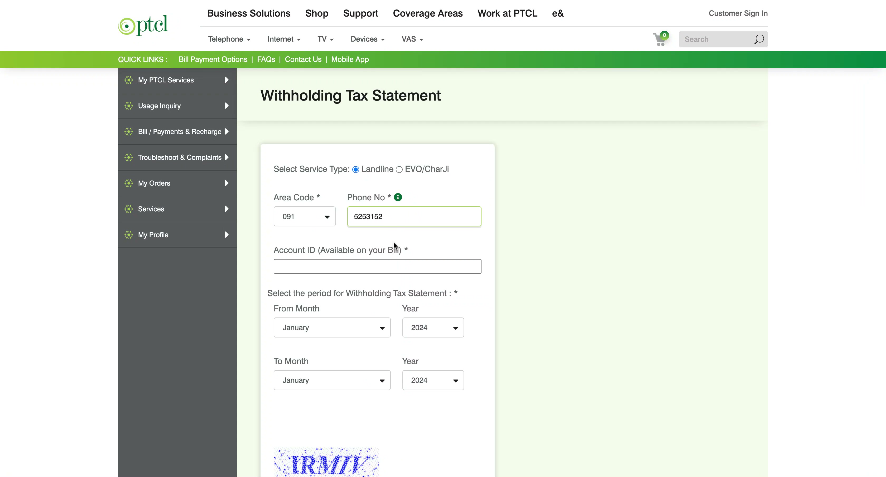 Filling out the PTCL tax certificate form with area code 091, phone number, and Account ID from the PTCL bill