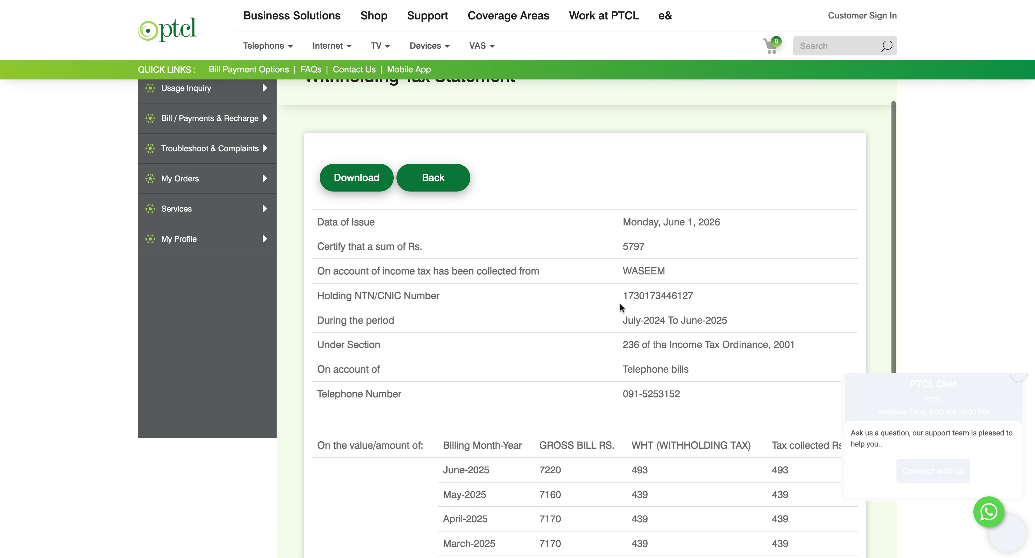 Sample PTCL withholding tax certificate showing the total tax deducted for Tax Year 2025 and the monthly breakdown of bills
